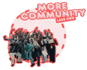 'More Community, Less Ego' written above a group photo of DevFest Digital Working Group (2024)